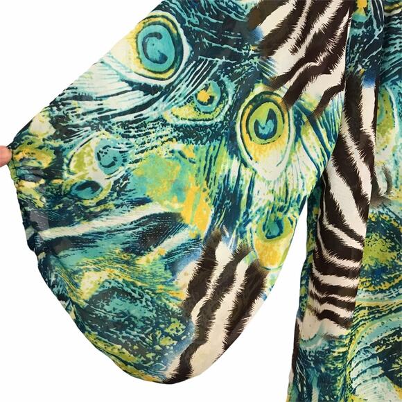 Romeo & Juliet Couture peacock zebra blouse puff balloon sleeves S - Picture 2 of 8